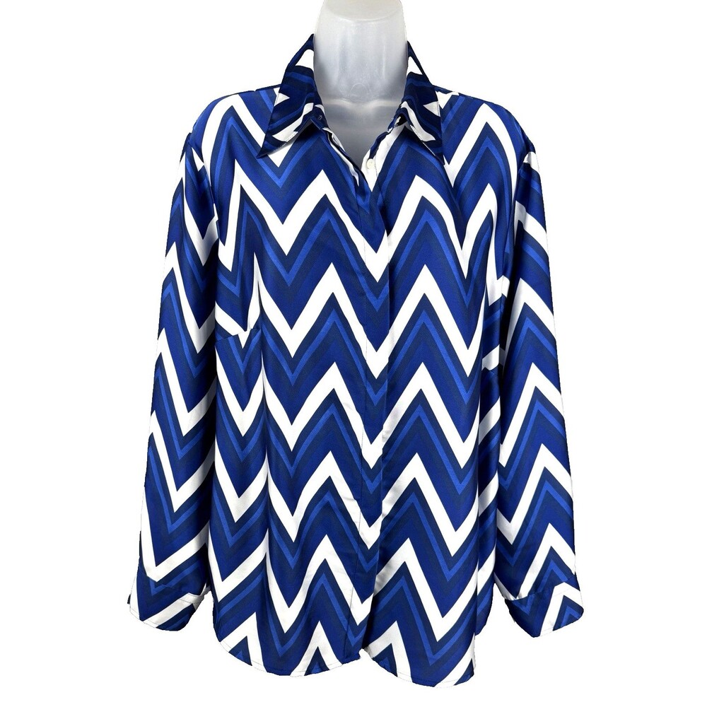 Lauren Ralph Lauren Royal/White Chevron Chiffon Blouse 1X Flowy Button Up Career
